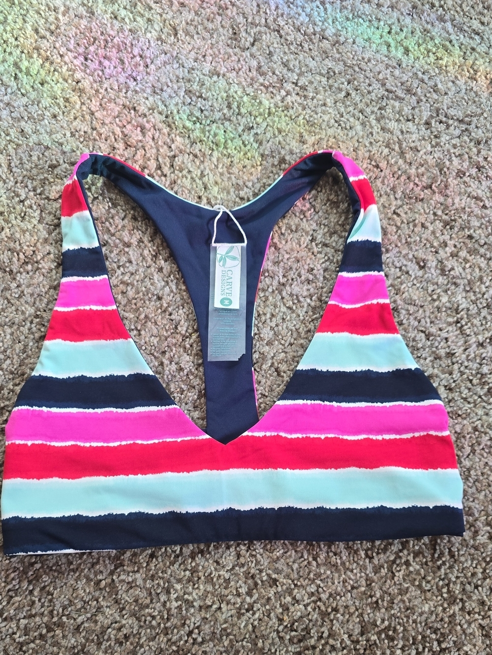 Carve Designs Striped V-Neck Bikini Top in Red, Pink, Navy & White